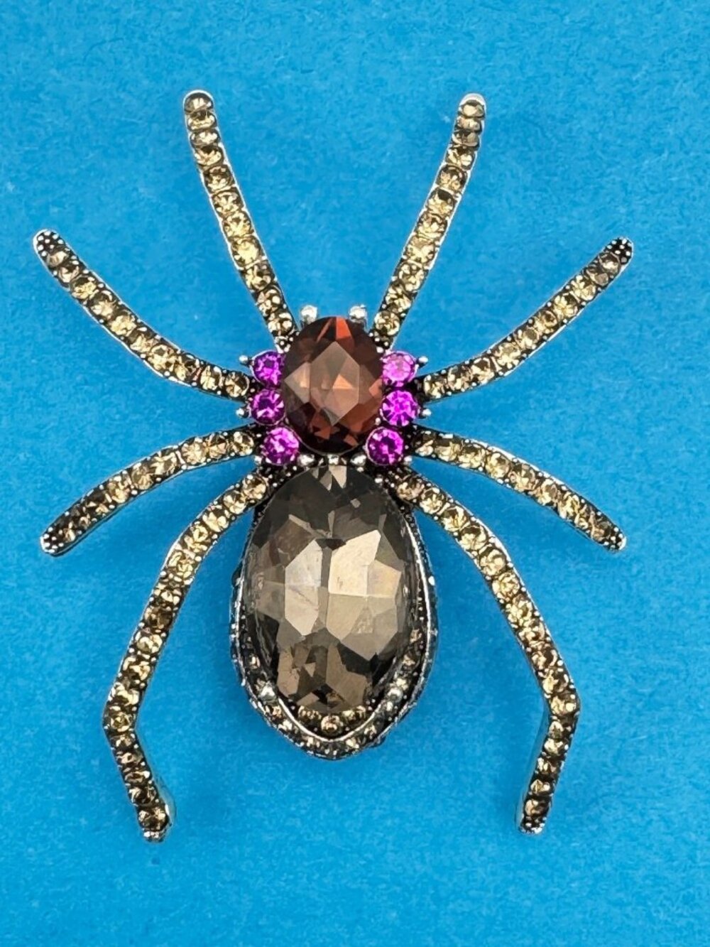 Spider Rhinestone Brooch Pin Silver Tone Smoky Gray Purple Halloween Costume